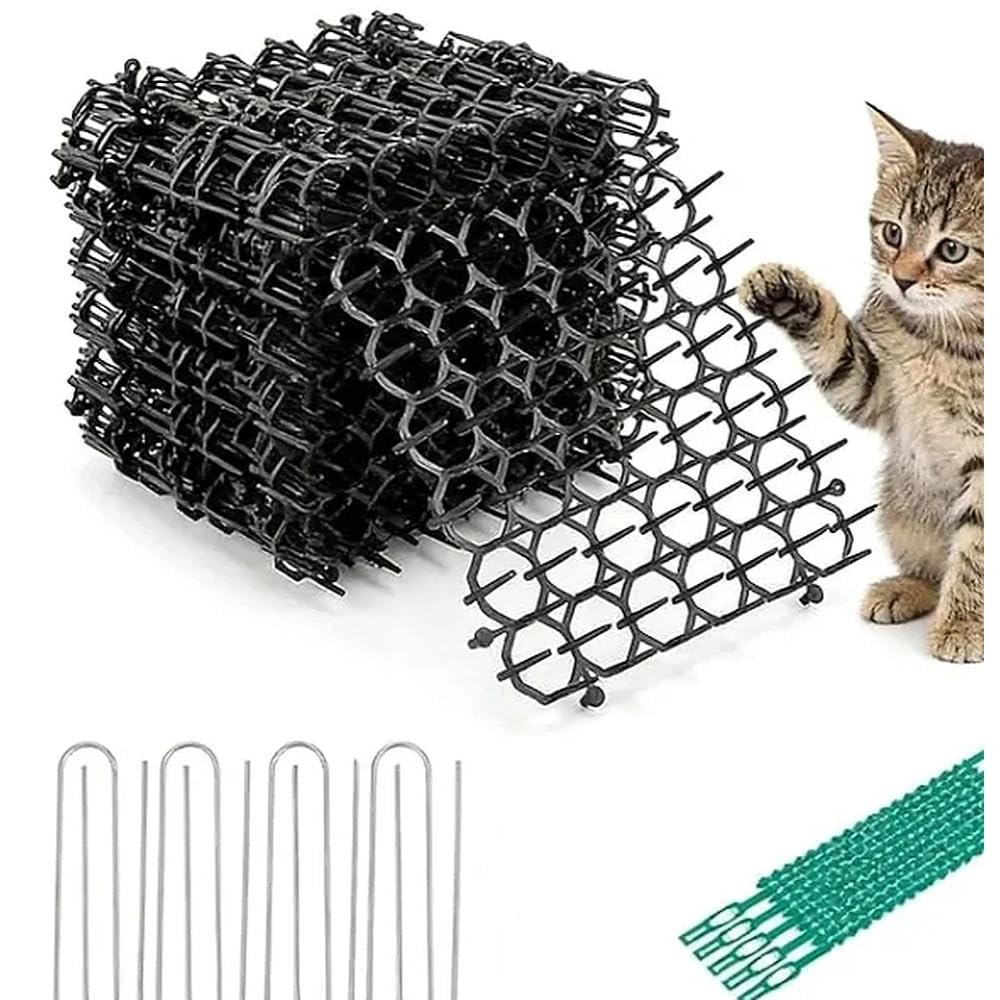 15Pcs Anti Cat Spikes Mat, Humane Pet Scat Mat Deterrent with 8 U-Shaped Garden Pegs and 10 Cable Ties, Cuttable Wildlife Dig Stopper Prickle Strip for Indoor Outdoor Garden Balcony Flower Pots
