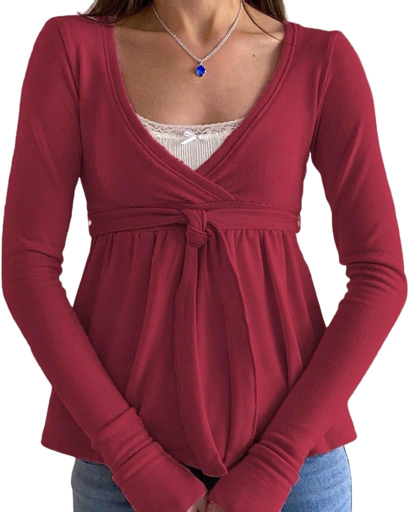 Y2k Fairy Grunge Tops for Women Long Sleeve V Neck Slim Fit Shirts Top Vintage Aesthetic 2000s Girl T Shirts