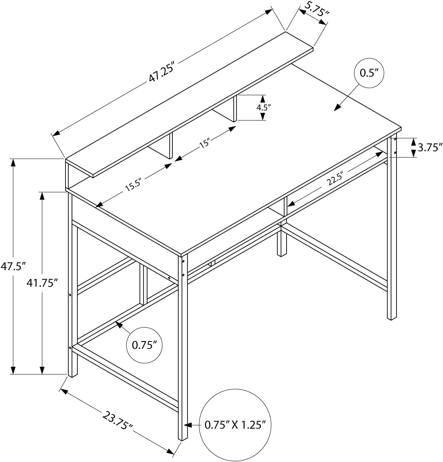 Monarch Specialties 7700 Computer Desk, Home Office, Standing, Storage Shelves, 48" L, Work, Laptop, Laminate, Contemporary, Modern Desk-48 Height, 47.25" L x 23.75" W x 47.5" H, Black/Black Metal