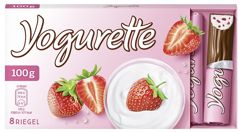 Yogurette Erdbeere Riegel – Fruchtig-frischer Geschmack von Magermilchjoghurt, Erdbeeren & Vollmilchschokolade, Geschenk zum Muttertag – 1 Packung mit 8 einzeln verpackten Riegeln, 100 g
