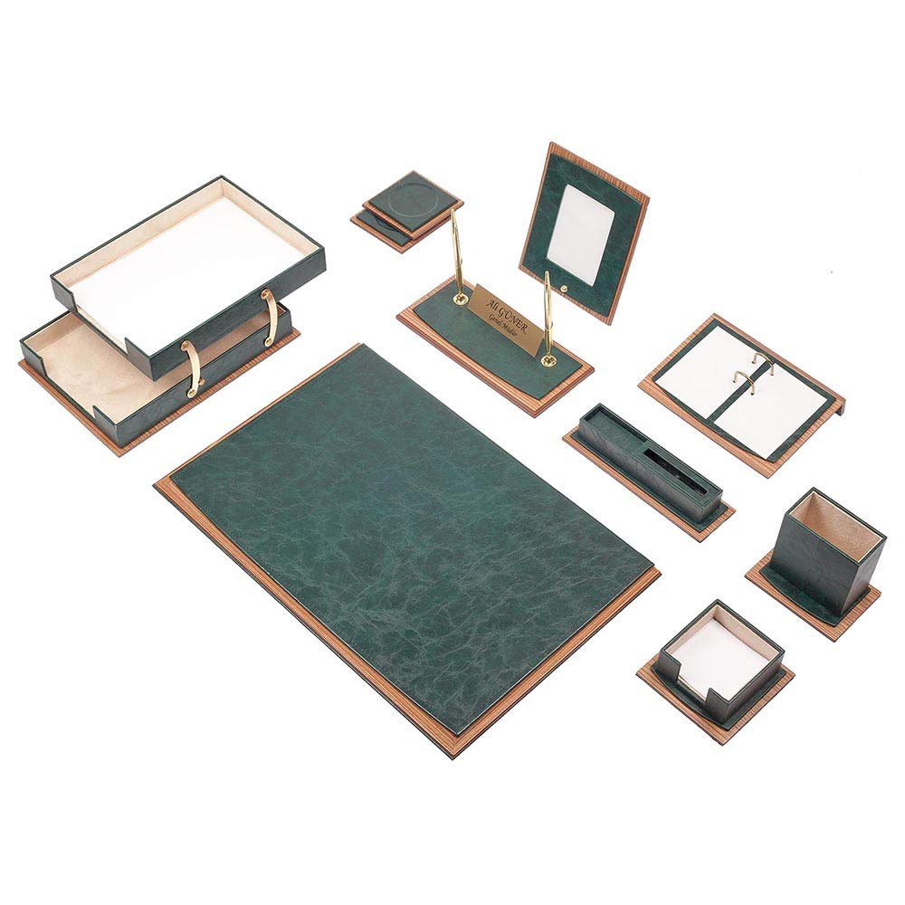 MOOGCO Leather Desk Set - Leather Organizer Desk Set - Walnut Wood Desk Set - Office Product - Desk Accessories Set - 11 PCS (Green)