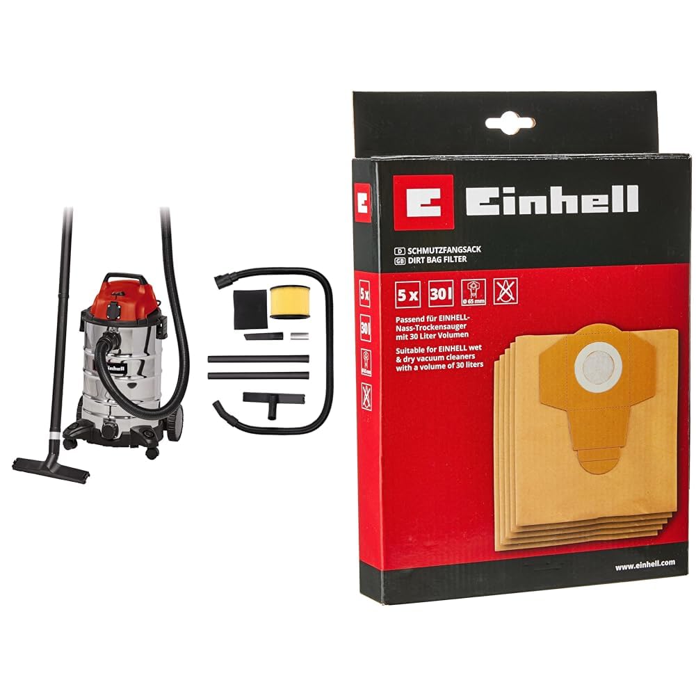 Einhell Odkurzacz Na Sucho I Mokro, 230 V, Czerwony, 1500 W & Oryginalny worek na śmieci 30 L