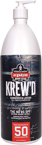 Ergodyne KREW'D 6355 Loción de protección solar, amplio espectro SPF 50, resistente al agua, 32 onzas, blanco