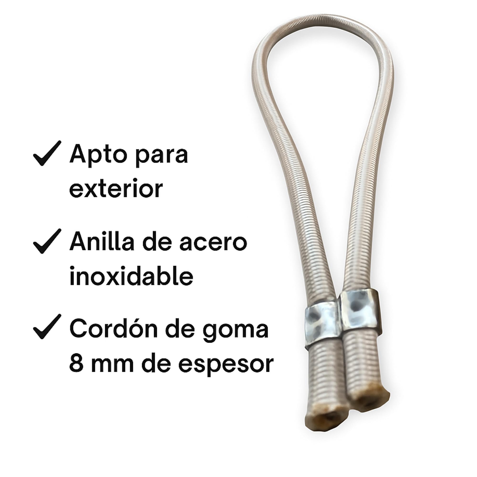 Teletoldo – Tensor elástico para cobertor de Piscina ● Pack de 30 Unidades ● Cuerda de Goma 8 mm con Grapa de Acero Inoxidable ● Blanco – Alta Resistencia Exterior