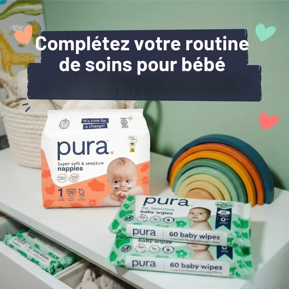 Pura Couches Écologiques Taille 5 (11-16kg) - Pack Mensuel de 132 Ultra Douces pour Peau Sensible - Coton Bio, 12 Heures de Protection