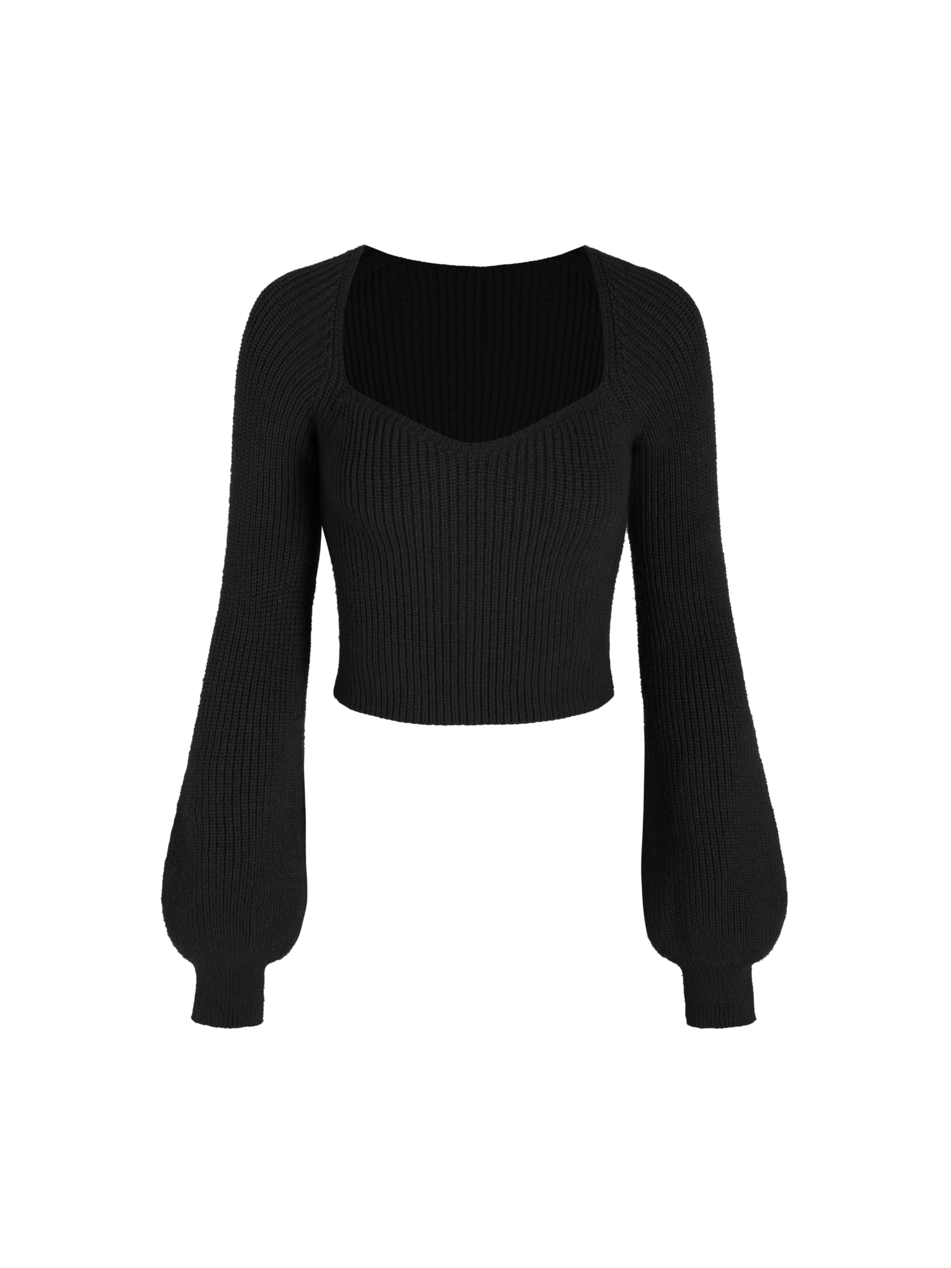 CIDER Womens Crop Top Sweater Square V Neck Lantern Sleeve Cute Rib Knit Pullover