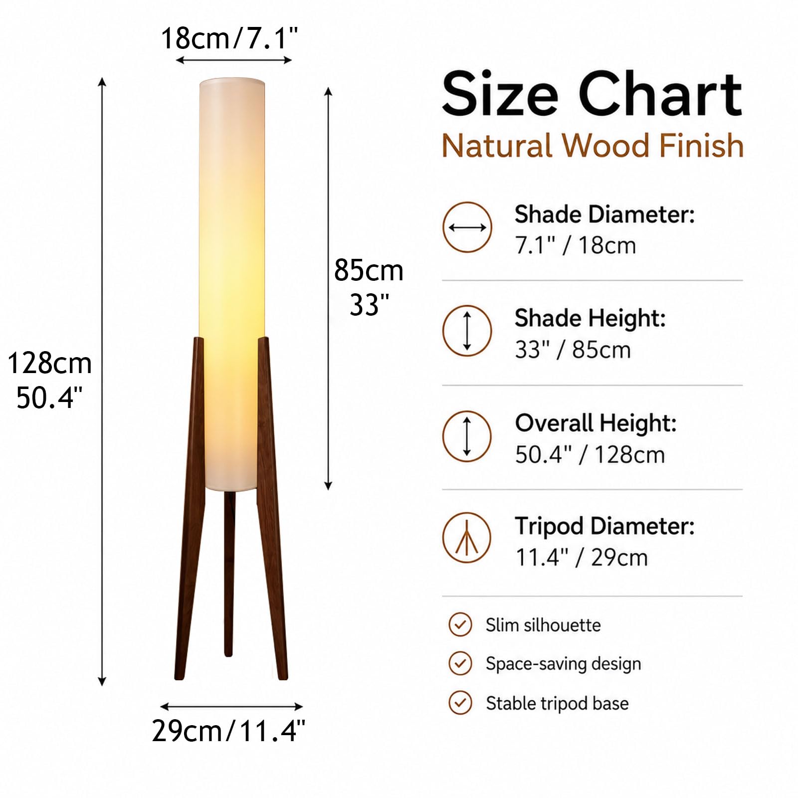 Lámpara De Pie Wabi-Sabi, Trípode De Madera, Farol De Papel | 128 CM, Pantalla Alta De Lino, Bombilla E27 Incluida, 3 Temperaturas, Pedal, Acabado Nogal, Salón, Dormitorio, Despacho