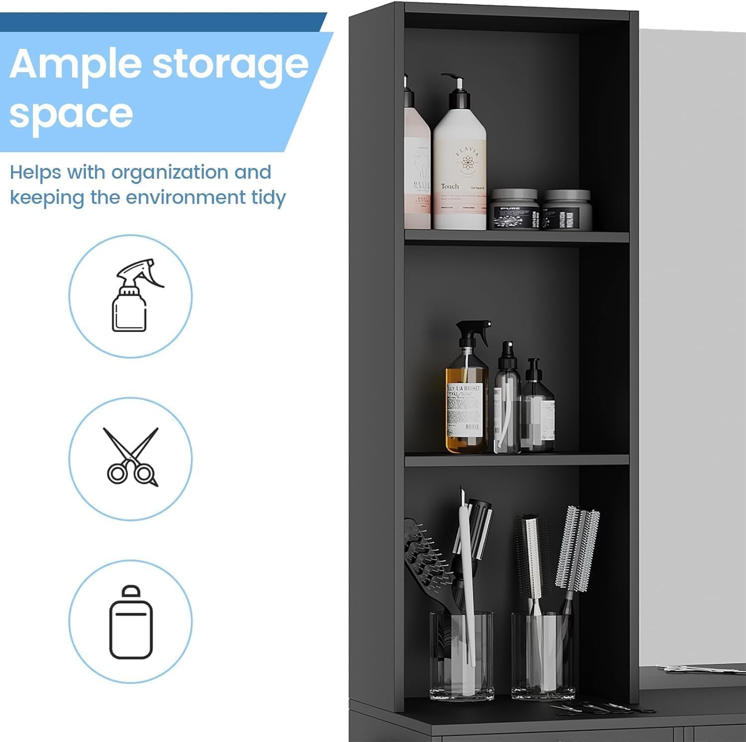 Icons representing easy to clean, waterproof, and durable features of the barber station, with water droplets on the surface.