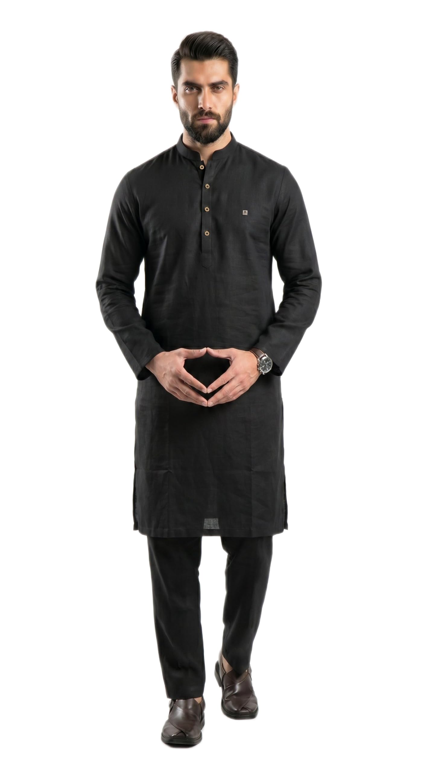 mashroo Men's Kurta Pajama Set Black 100% Linen with Mandarin Neck for Casual and Festive Occasions-picture-25