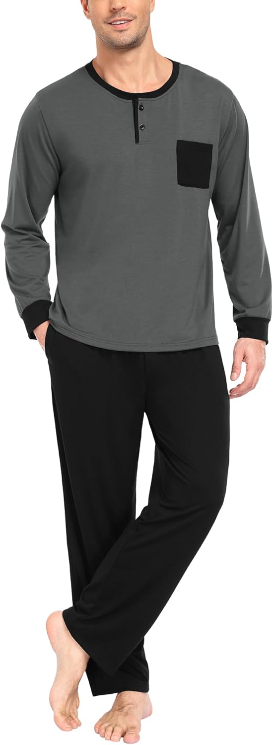 SWOMOG Mens Pajamas Set Long Sleeve Mens Sleepwear Pj Sets Henley Shirts and Pants Soft 2 Pcs Lounge Sets with Pockets - Image 3