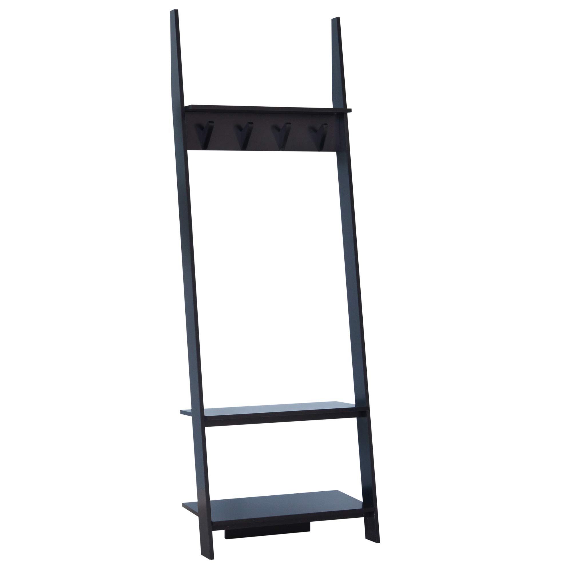 HOMCOM 3 Tier Ladder Shelf Wall Leaning Storage Display Rack Garment Clothes Hat Hanger Bookcase Plant Flower Stand 4 Hooks Black