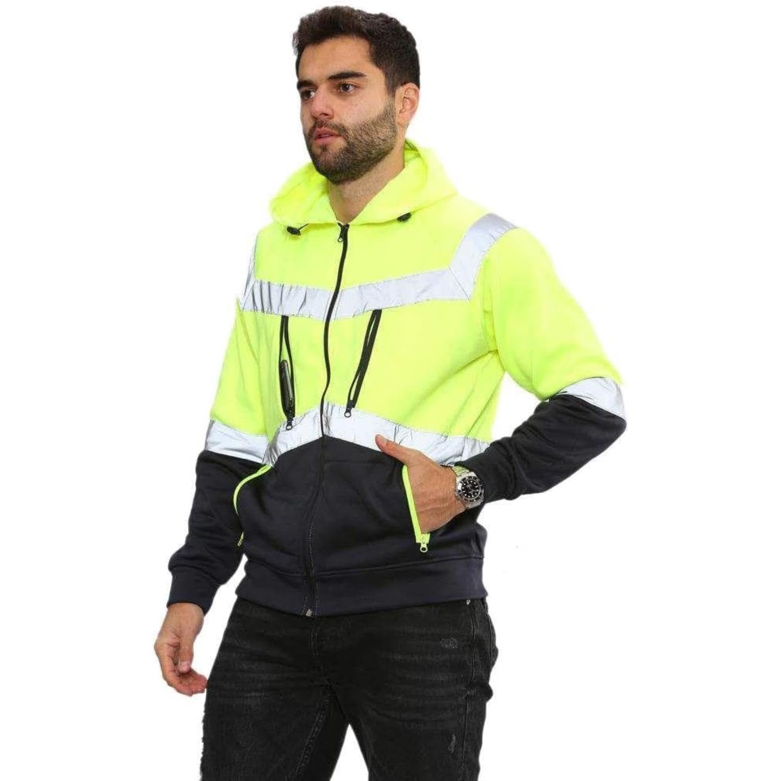 Nowa męska odblaskowa bluza z kapturem Hi Vis Visibility kontrastowa naszywka polarowa bluza z kapturem