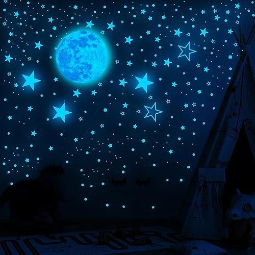 Miniatura 17 de Calcomanías de estrellas y luna que brillan en la oscuridad para techo, calcomanías luminosas de pared para dormitorio, sala de estar, 407 puntos +
