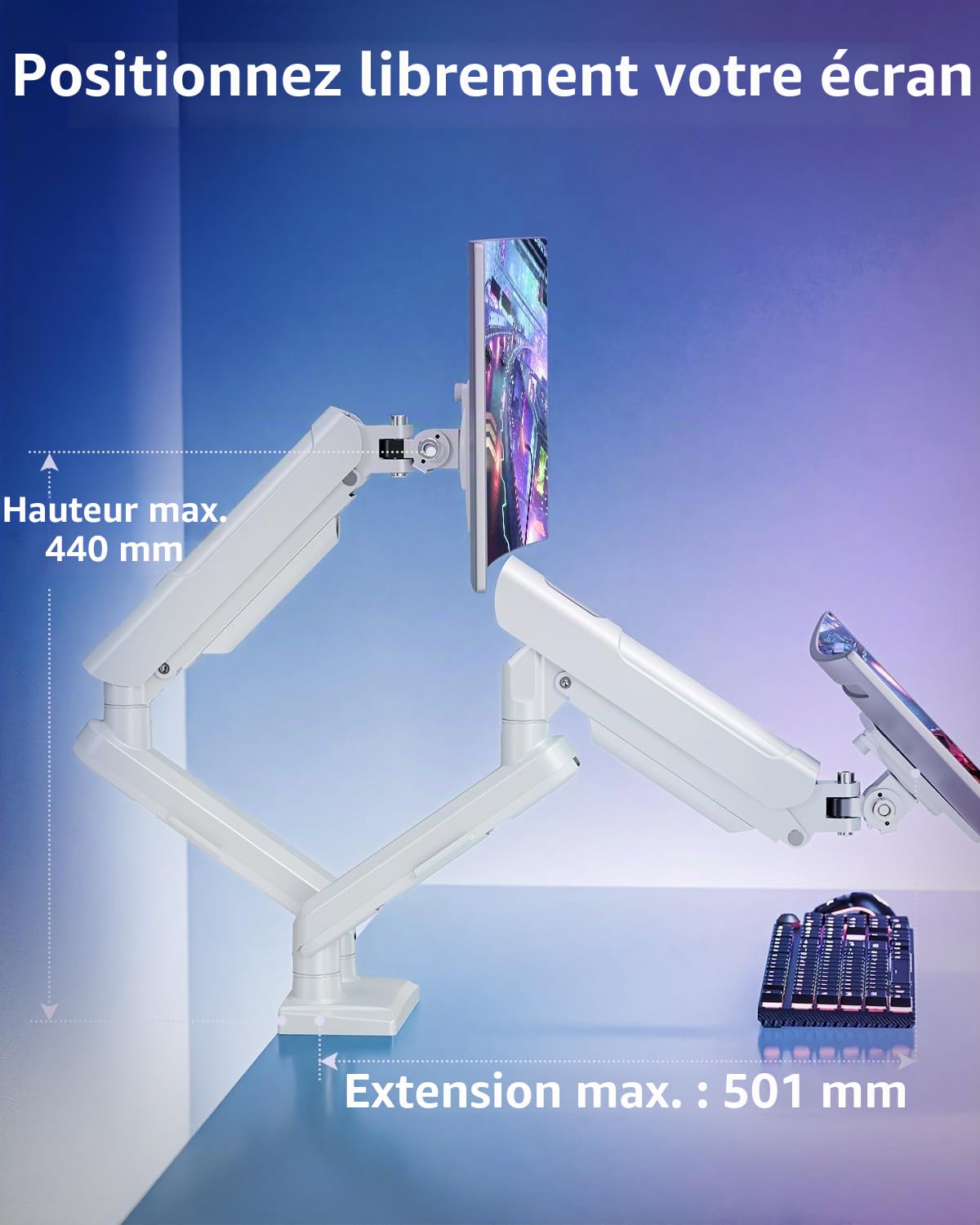 ELIVED Support pour moniteur 2 écrans pour écrans de 13-32", Support écran 2 moniteurs supporte 2-9 kg moniteur avec VESA 75/100mm, Bras de moniteur à gaz inclinable, pivotant, rotatif, blanc, EV6012W