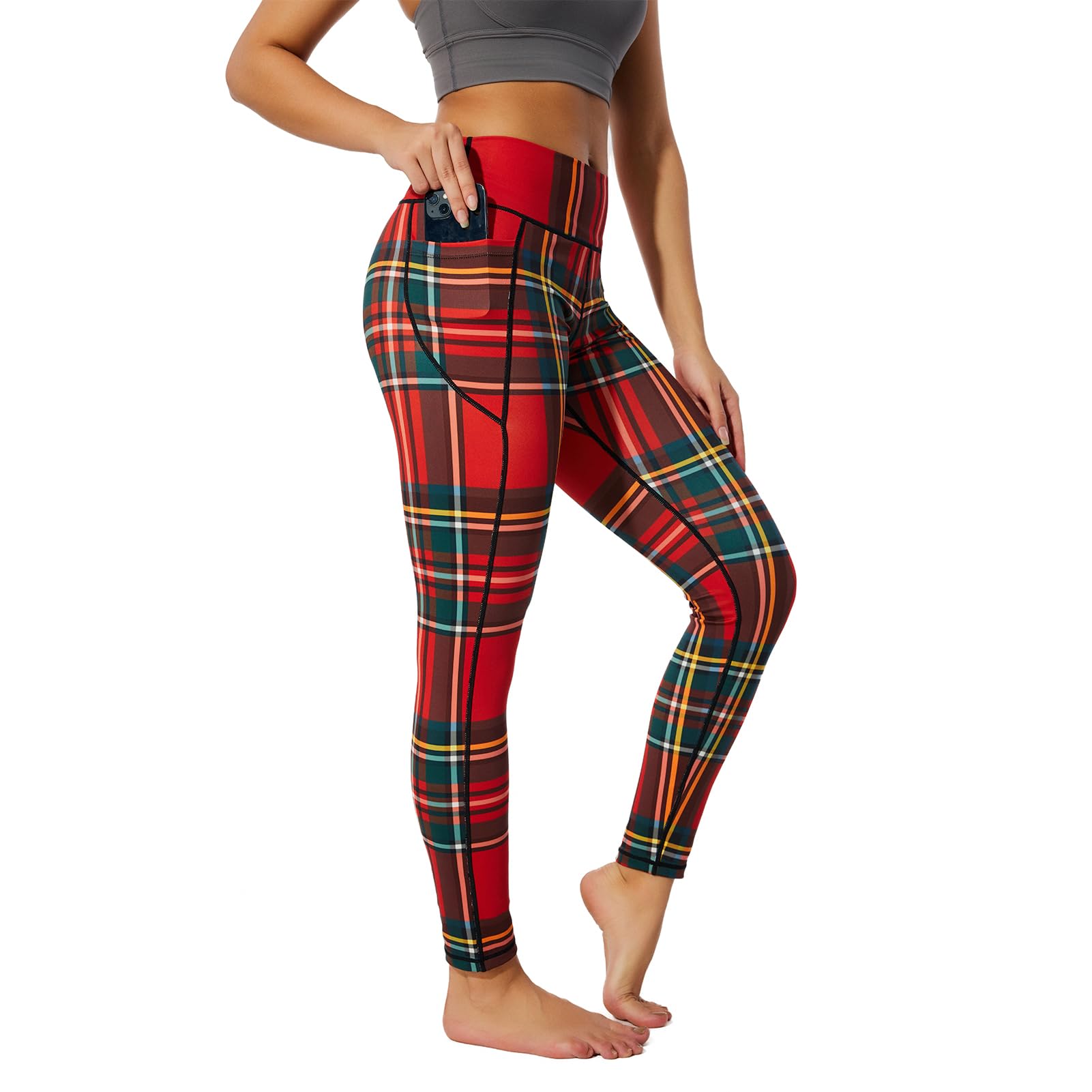 QIUYELONG Women’s High Waist Yoga Leggings with Side Pockets Royal Stewart Tartan Print Yoga Pants for Workout Sports Athletic Large