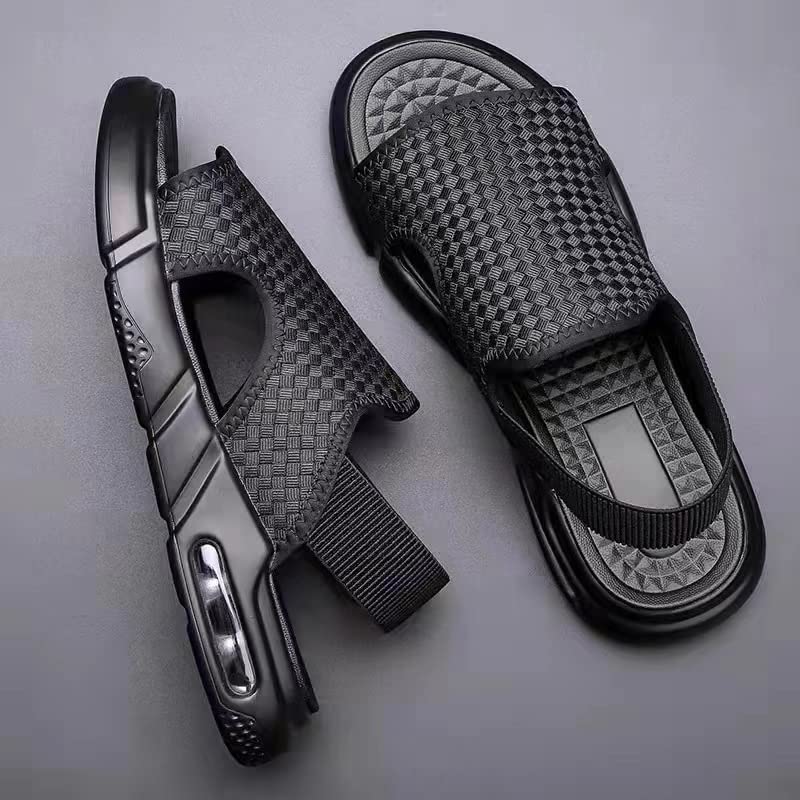 Men's Black Soft Sole Woven Summer Sandals, Air Cushion Shock Absorption Non-slip Outdoor Water Shoes3