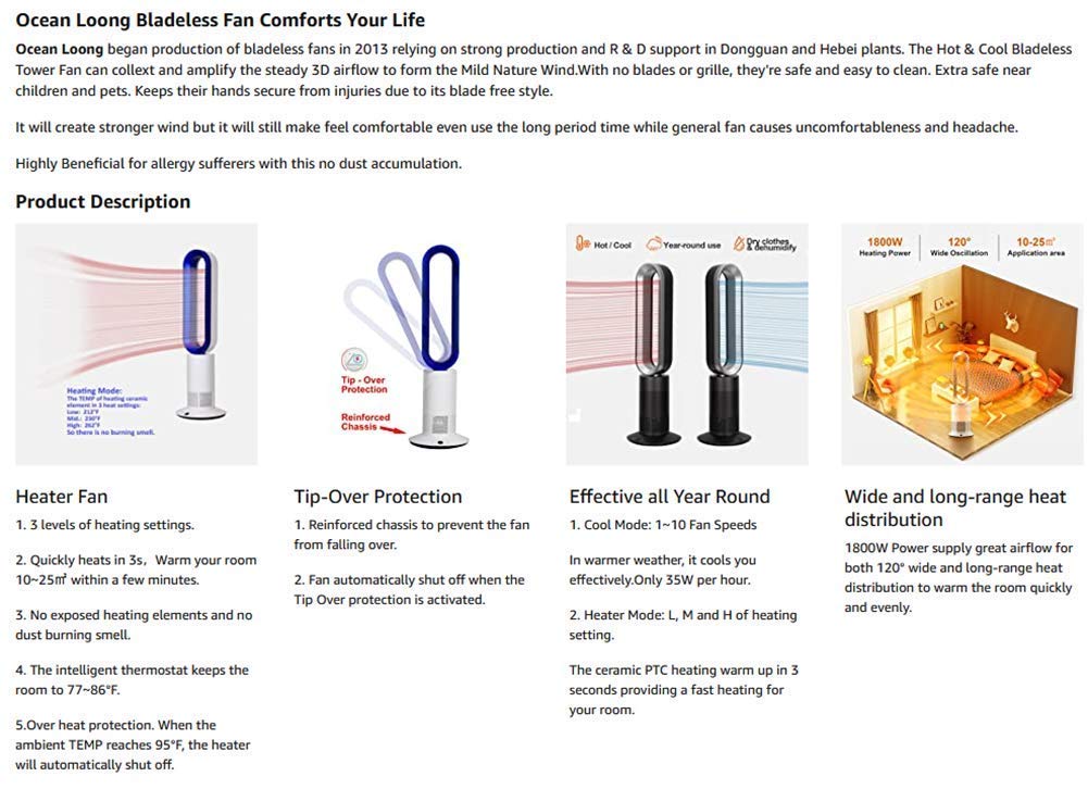 Ventilador de calefacción portátil sin aspas, ventilador de torre de 10 velocidades con control remoto, calentador de espacio y ventilador de circulación de aire para sala de estar / oficina / dormit