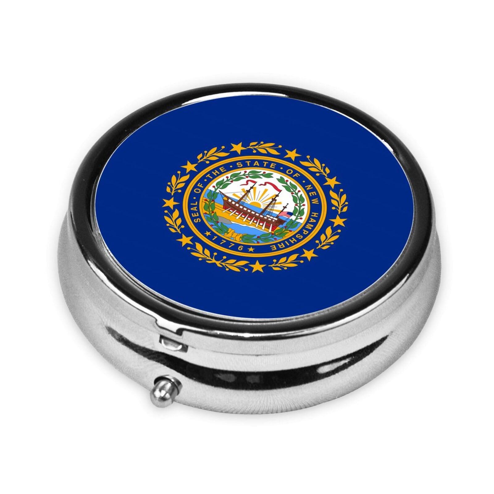 Cute 3-Compartments Round Pill Box Flag of New Hampshire Small Pill Case Portable Medicine Dispenser,for Pocket Purse