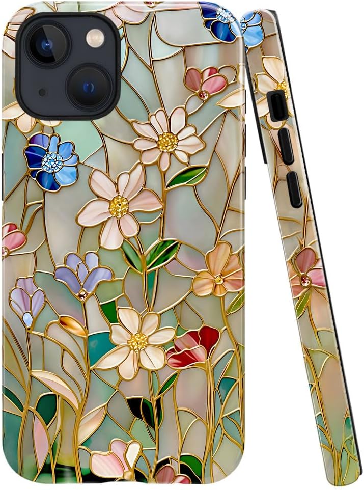 Case Compatible with iPhone 15,Fall Prevention Bright Hybrid 2-Layer Hard Shell Phone Case for Girls Boys,Stained Glass Bloom Flower