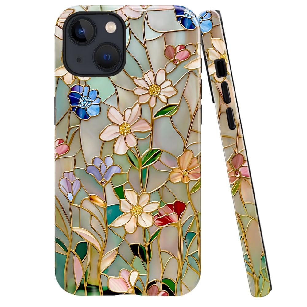 Case for iPhone 15,Fits Glossy Case Design for Girl Women,Color Floral Stained Glass