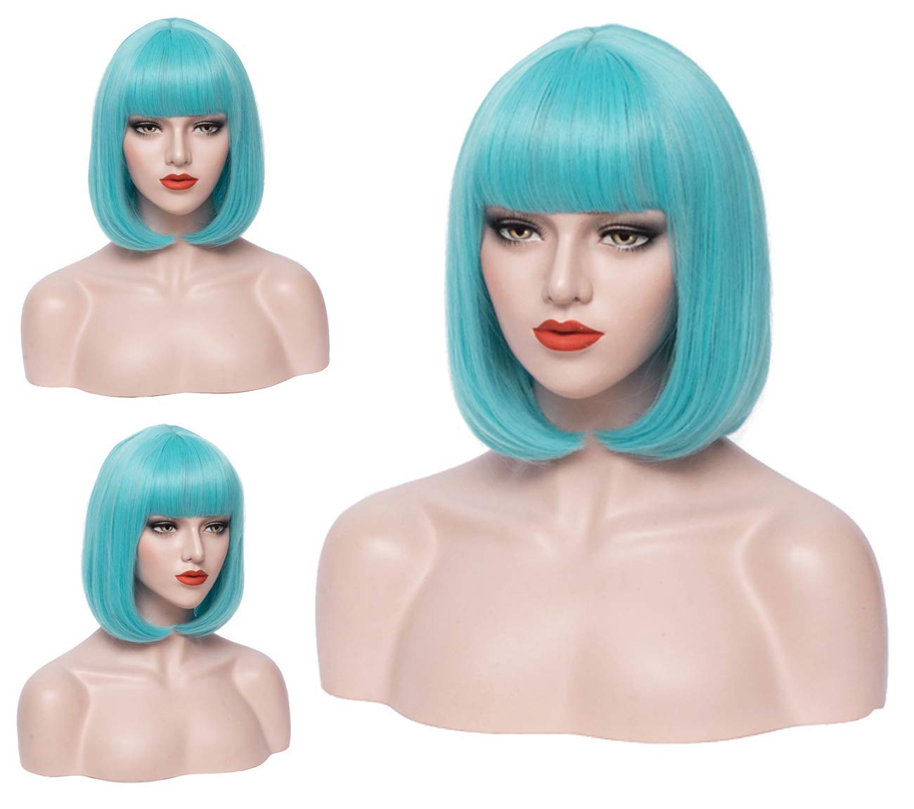PATTNIUM 12 Inches Blue Bob Wig Short Teal Wig with Bangs for Women Girls Heat Resistant Synthetic Wigs
