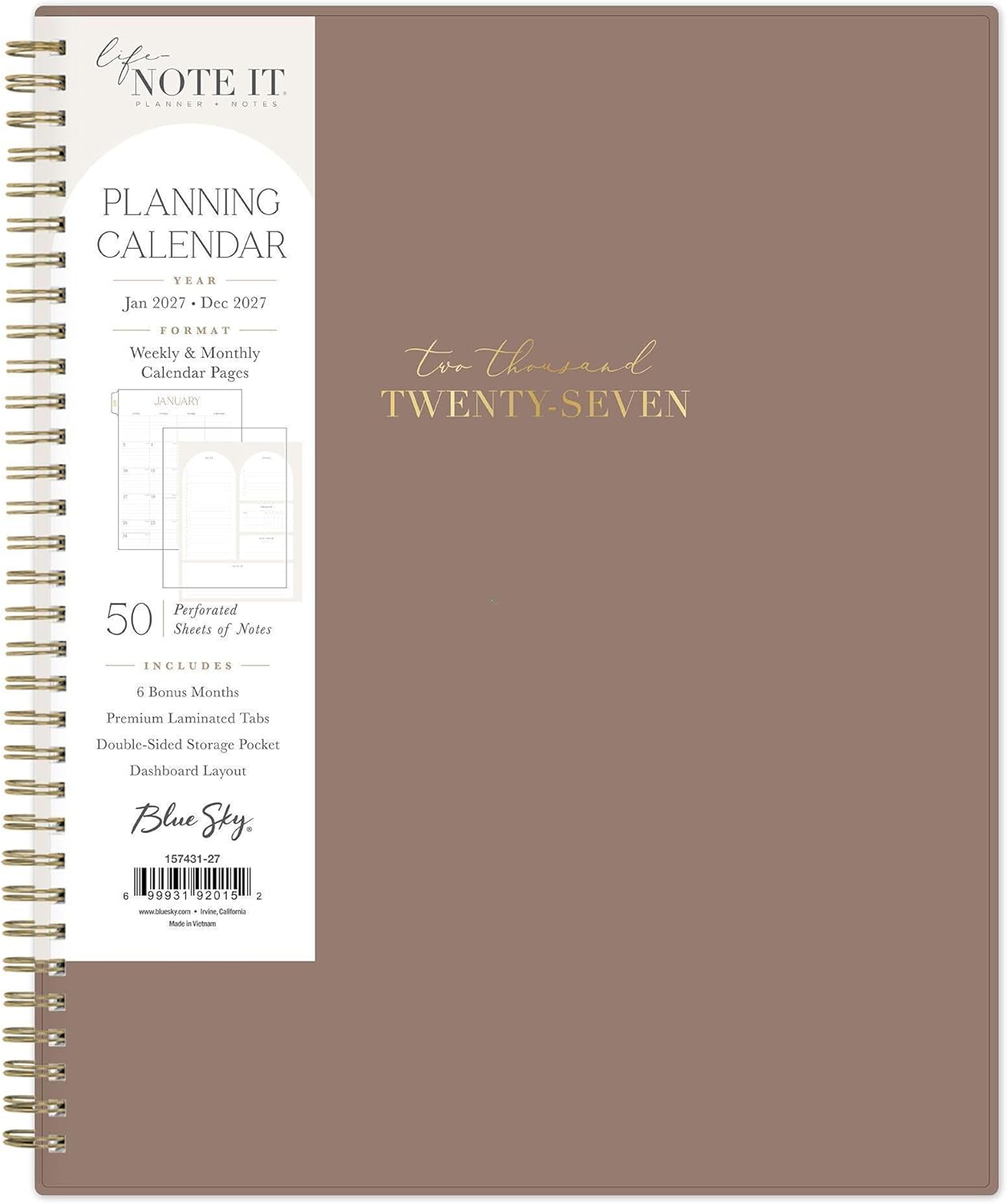 Blue Sky Life Note It 2027 Weekly and Monthly Planner Notes, January 2027 - December 2027, 8.5" x 11", Flexible Cover, Durable Twin Wire Binding, Storage Pocket, 50 Notes Sheets, Solid Latte