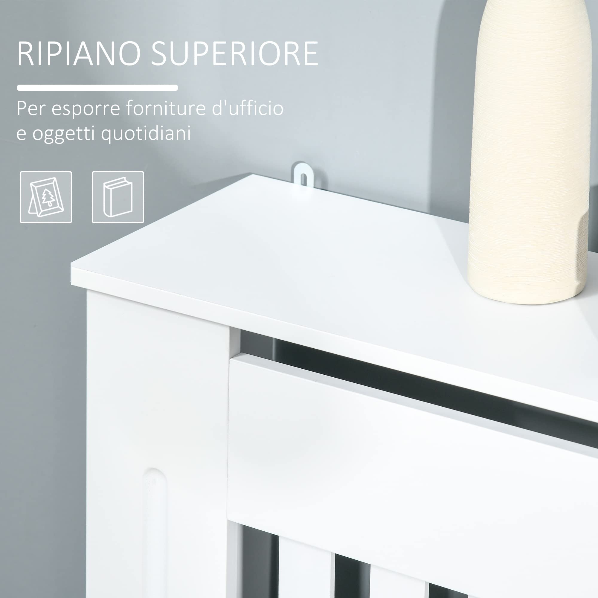 HOMCOM Copritermosifone in Legno Bianco per Caloriferi e Radiatori, Copri Termosifone Moderno con Anti-ribaltamento, Doghe e Piano d'Appoggio, 78x19x81cm