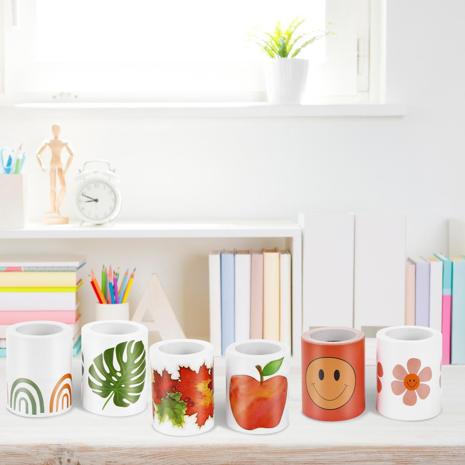 6 Rollen 66 m Pinnwandbordüren Aufkleber, Pflanzen Apfel Smiley Blumen-Pinnwand-Rand 6 Designs für Klassenzimmer, Tür, Fenster, Tafel, Whiteboard, Wand, Babyparty oder andere Partydekoration