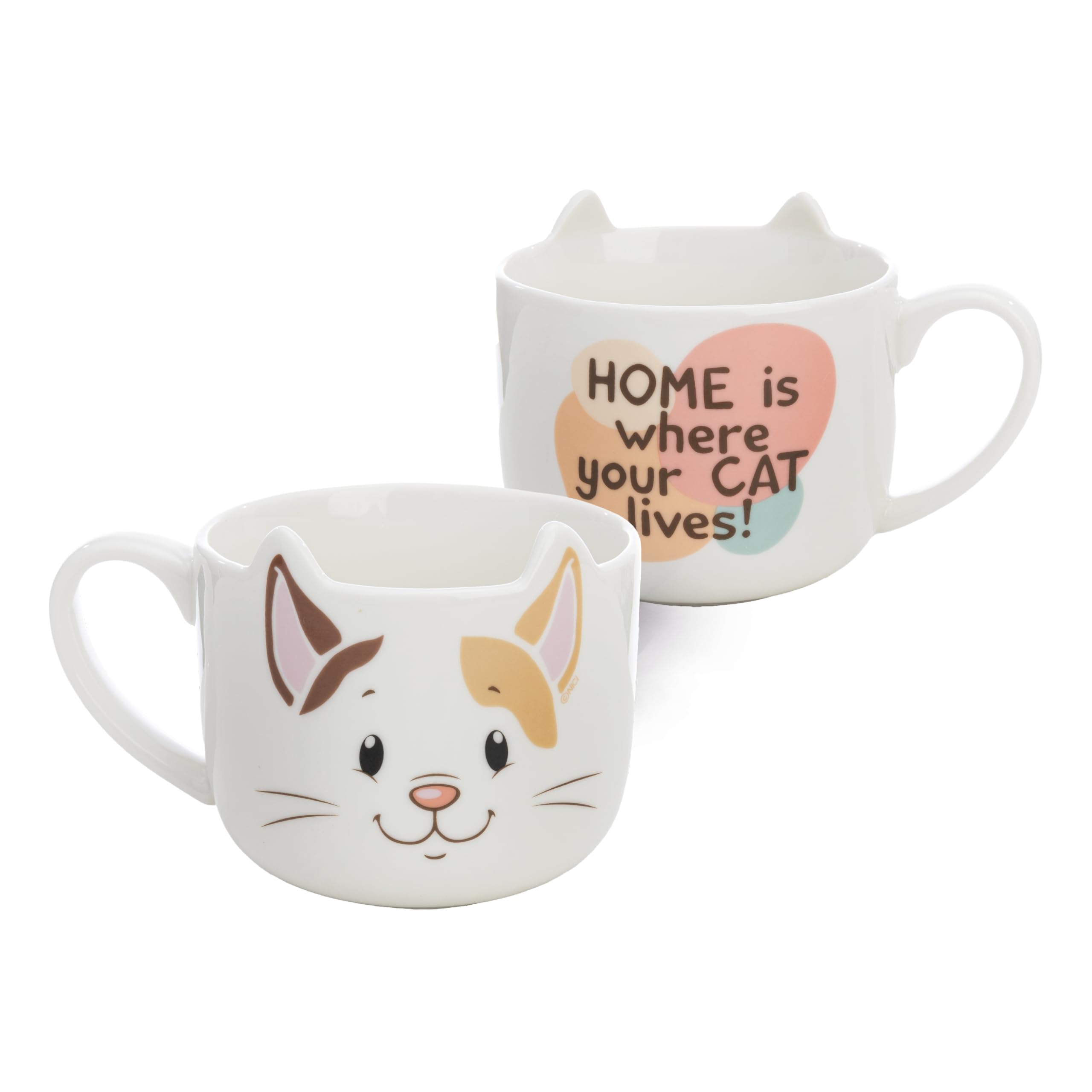 NICI Lucky Cat Cup, 350 ml, 9 x 9.5 cm, White, Tea Cup, Coffee Cup, Porcelain Mug with Handle for Cold and Hot Drinks, Coffee, Tea, Milk, Cocoa, 62177