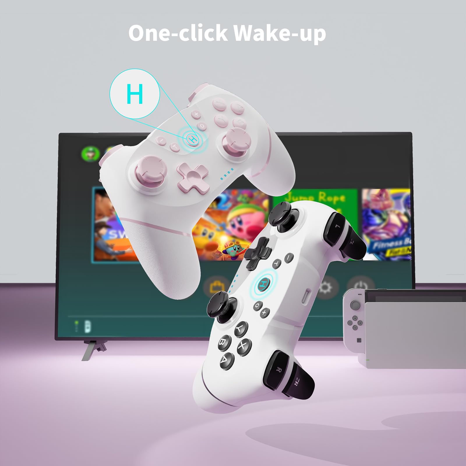 AceGamer 2pcs Mando inalámbrico para Switch 2/Switch/Lite/OLED, Mando para Switch Pro con función de despertador con un botón/vibración/turbo/pantalla(Rosa y Blanco)
