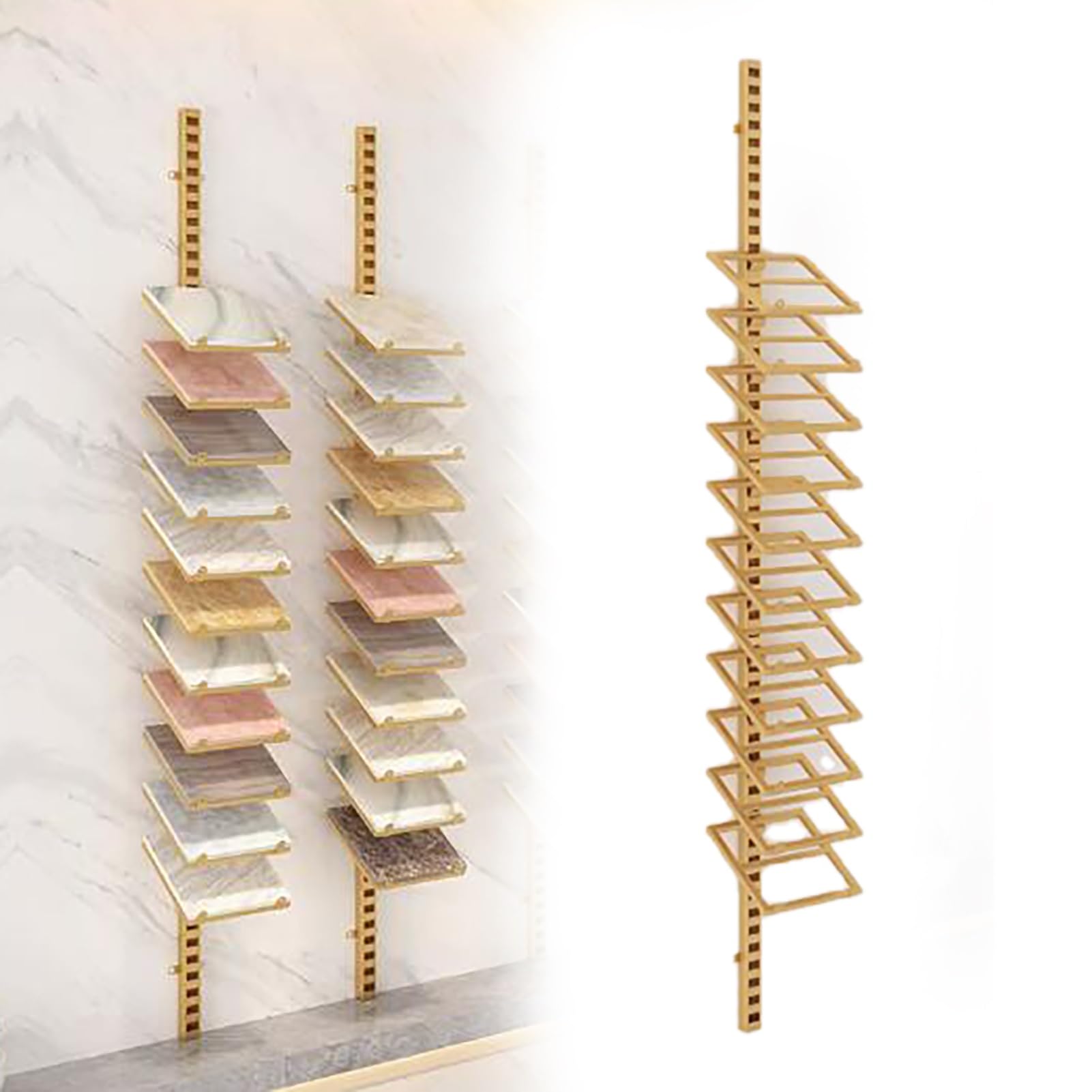 Présentoir Mural doré carrelage réglable à 11 slots pour showroom de carrelage et dalles