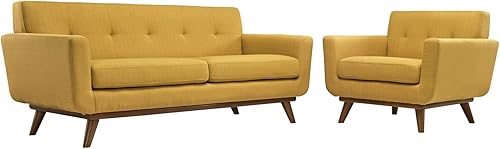 Vista 15 de Modway Engage - Sillón de una pieza tapizado con tela y sofá de dos piezas de estilo de mediados de siglo, Tela, Celeste