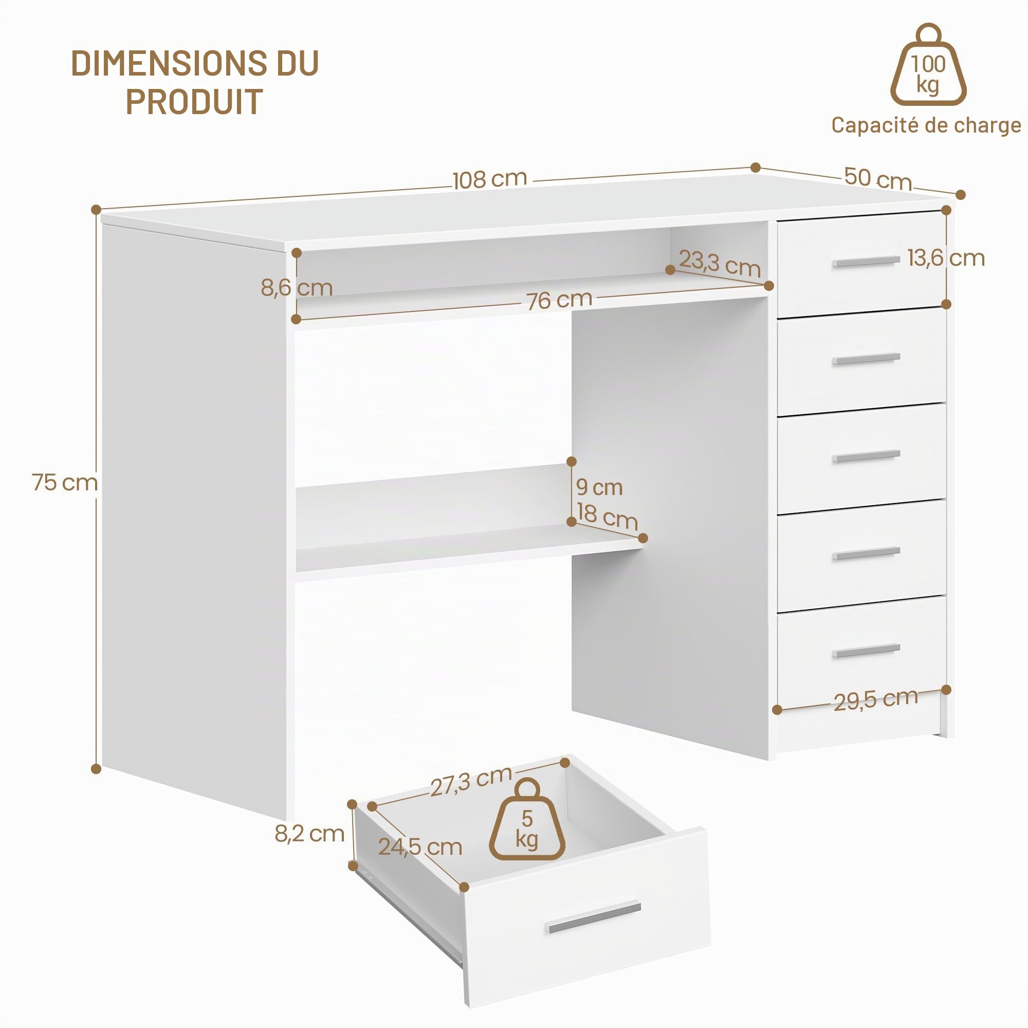 Hzuaneri Bureau 108x50x75cm 5 rangements Blanc