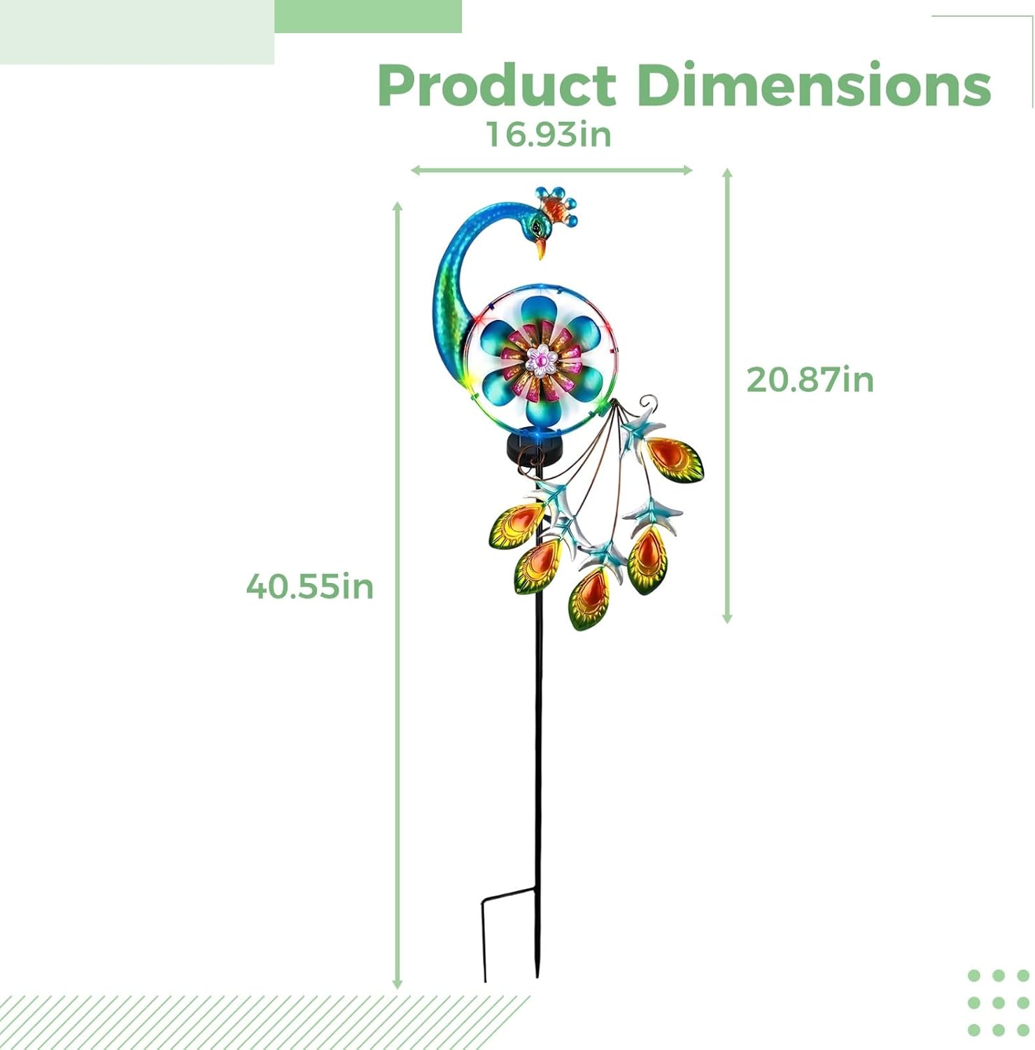 Multicolor Peacock Windmill, Metal Kinetic Art, Solar Wind Spinner, Outdoor Garden Decor, Jewel Accents, Stake Light for Lawn and Yard