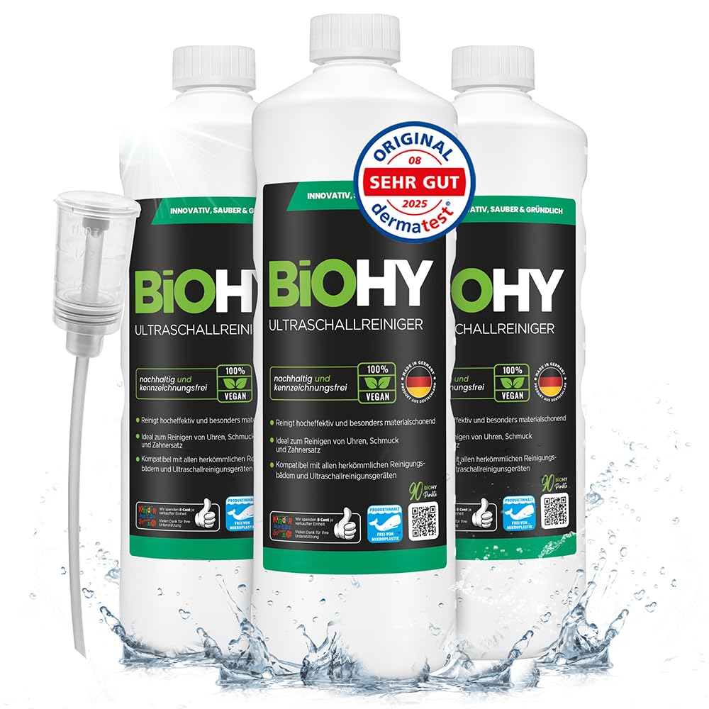 BiOHY Ultraschallreiniger (3 x 1 Liter) + Dosierer | intensive und materialschonende Reinigung von Dentalprodukten, Gold, Münzen und Schmuck | KONZENTRAT für Ultraschallbad | streifenfreier Glanz