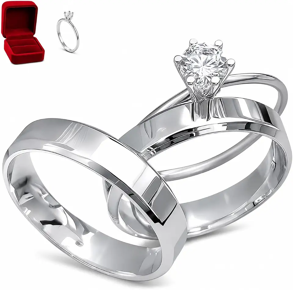 Aliança de Namoro Prata 4mm com Solitário ou Aliança de Casamento Dourada 3mm, Conjunto de 3 Anéis + Caixa de Veludo Presente dia dos Namorados