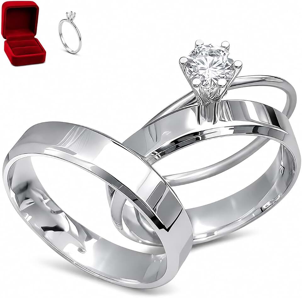 Aliança de Namoro Prata 4mm com Solitário ou Aliança de Casamento Dourada 3mm, Conjunto de 3 Anéis + Caixa de Veludo Presente dia dos Namorados