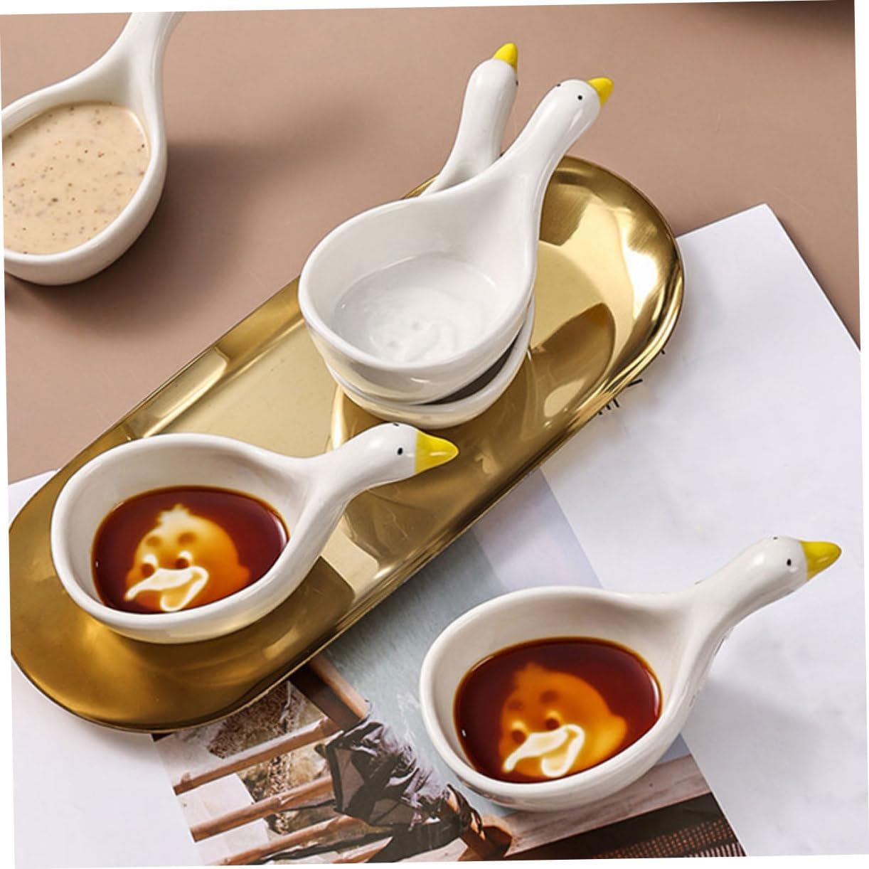 Ipetboom 2pcs Small Ceramic Dip Bowls for Sauce and Vinegar Mini Dipping Dish for Appetizers Salad Soy Sauce Chili Olive Oil Cartoon Design Serving Plates for Home and Party