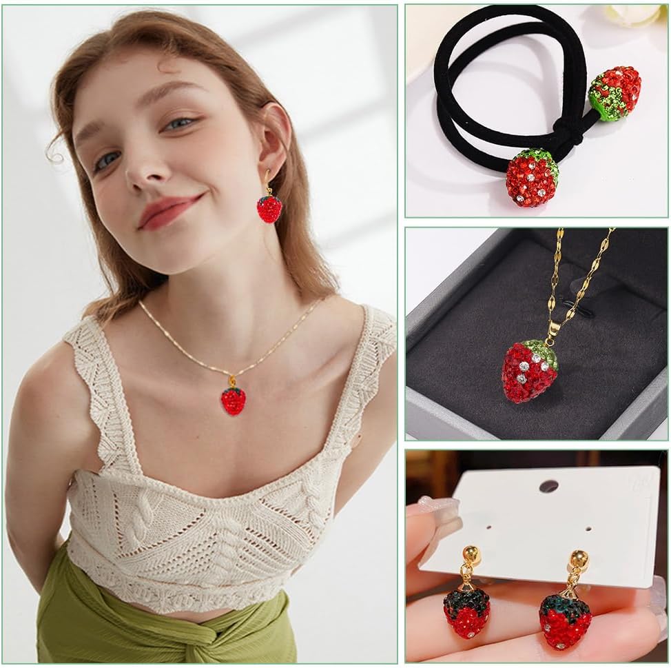 arricraft 40 Pcs Strawberry Rhinestone Beads, 3D Handmade Polymer Clay Red Green Fruit Beads Pave Disco Ball Beads Half Drill Spacer Beads for Bracelet Necklace Jewelry Making - Image 6