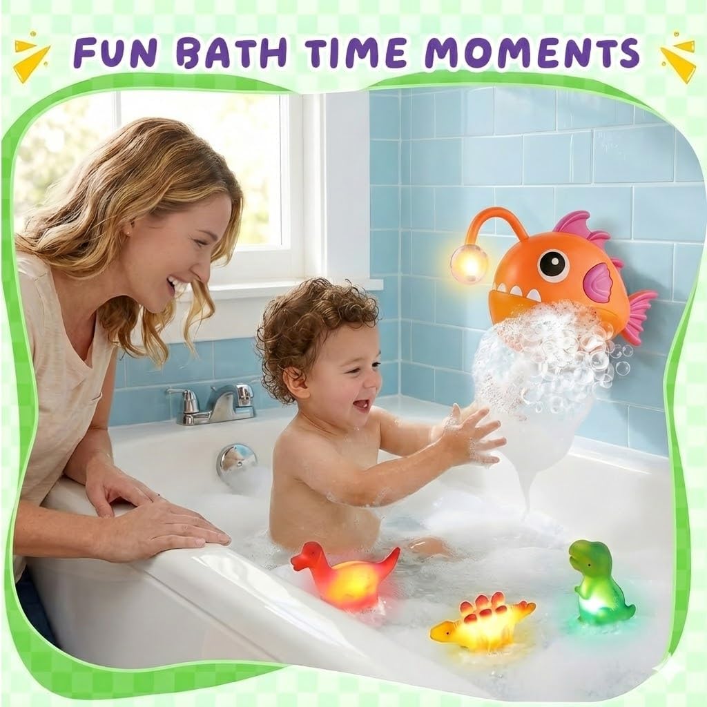 Baby Bath Toys for Toddlers, Light Up Fish Bubble Machine with 3 Dinosaur Water-Activated Toys, Shower Bathtub Toys for Kids Ages 3-8, Birthday Gift Easter for Boys Girls (Red)