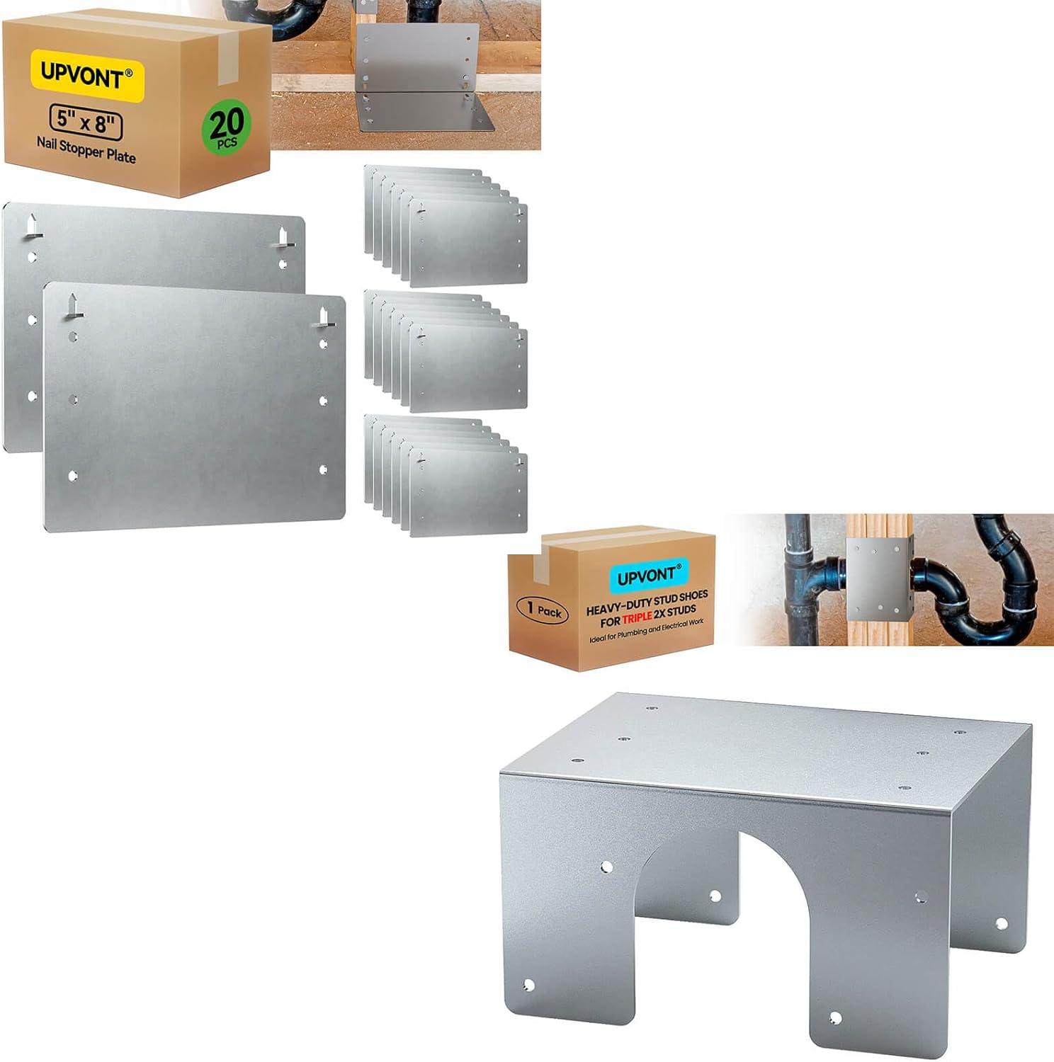 5" x 8" Nail Stopper Plate (20 PCS) & Triple 2X Stud Shoes (1 PCS), 16-Gauge Galvanized Steel – Thicker, IBC & IRC Code Compliant, Extra Durable