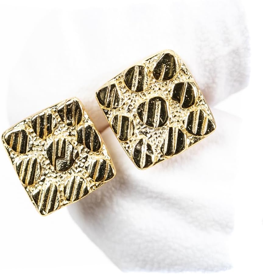 Square Shape 14K Yellow Gold Plated 925 Sterling Silver Screw Back Post Diamond Cut Retro 90's Hip Hop Hypoallergenic 9.5mm Solid Gold Textured Nugget Stud Earrings For Men