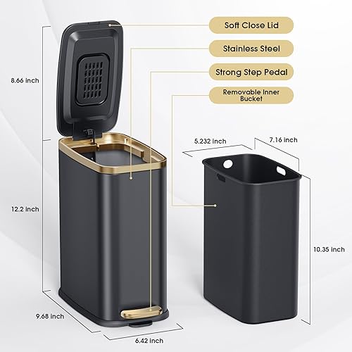 Miniatura 6 de CEROELDA Cubo de basura pequeño para baño con tapa, cierre suave, 5 litros/1.3 galones, papelera delgada de metal, papelera rectangular estrecha