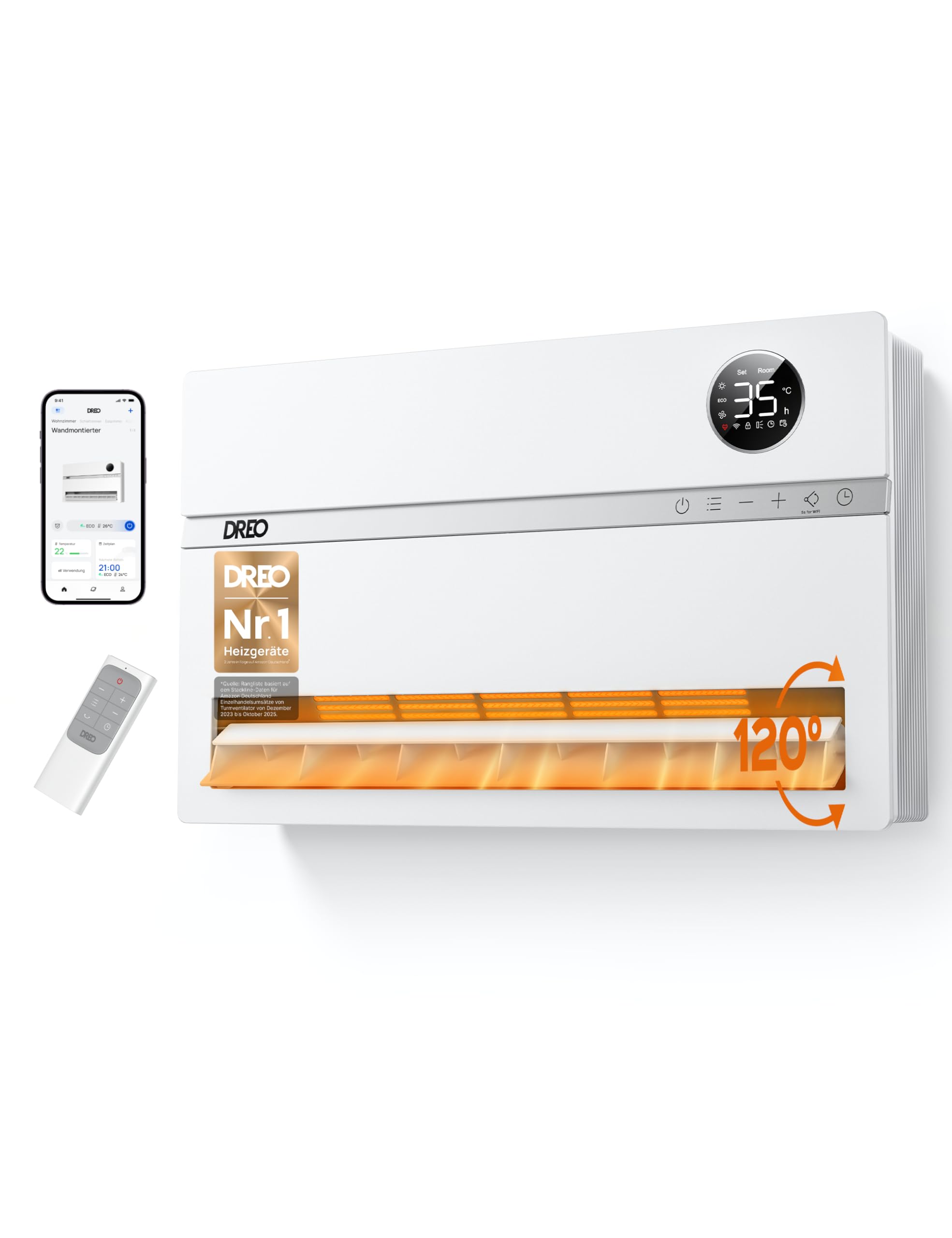Dreo Wandkonvektor Elektrische Heizung – 2000W, Fernbedienung & App, 120° Oszillation