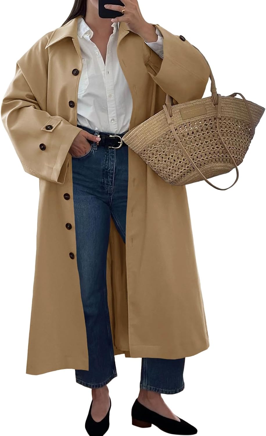 Tankaneo Womens Long Trench Coat Single Breasted Oversized Windproof Classic Lapel Fall Overcoat - Image 2