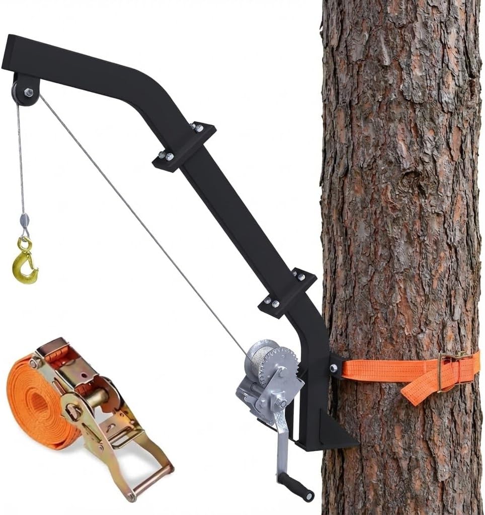 Tree Mounted Game Hoist with Winch and Ratchet Strap, 500 lbs Capacity Hunting Deer Hoist, 26FT Steel Cable Heavy Duty Deer Hanger for Cleaning Game or Skinning