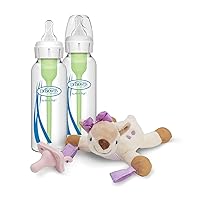 Vista 5 de Dr. Brown's Natural Flow Options+ Narrow Glass Anti-Colic Baby Bottles, 8oz 2-Pack and Lovey Pink Pacifier with Teether Holder, Soft Stuffed Animal