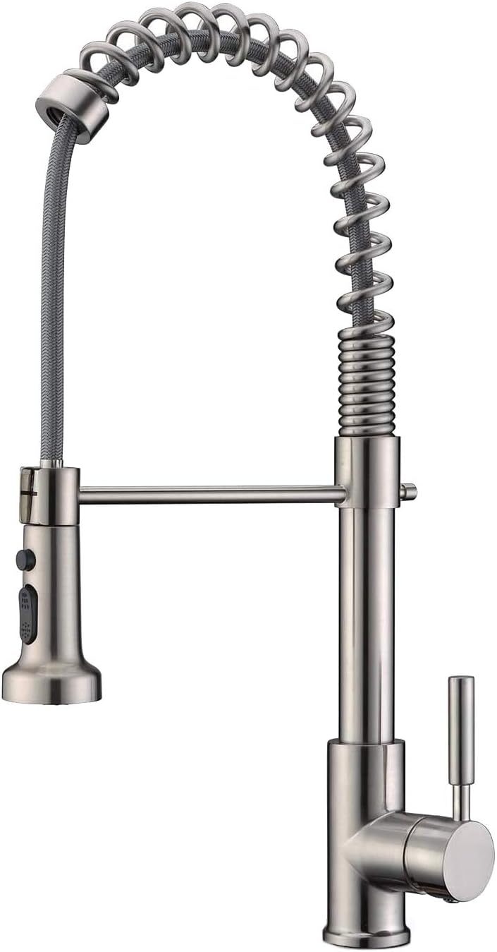 Kitchen Faucet, Brushed Nickel Kitchen Sink Faucet, Pre Rinse Single Handle Stainless Steel Spring Kitchen Faucet with Pull Down Sprayer