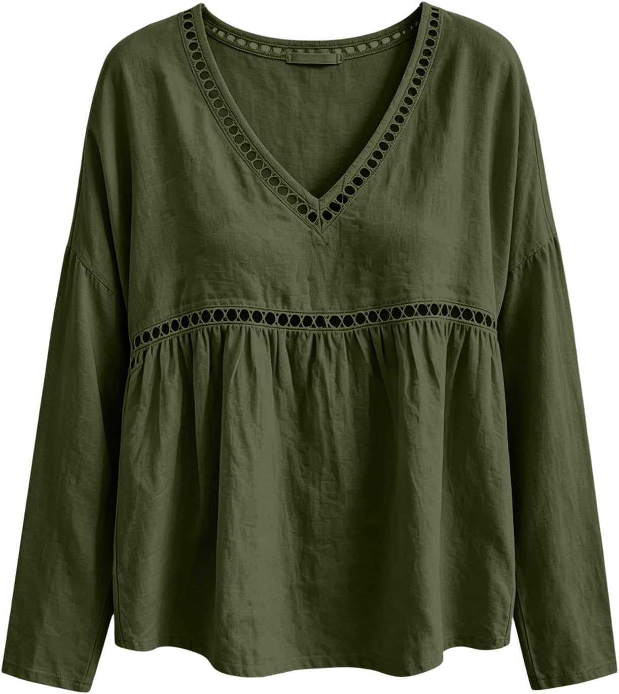 Womens Boho Tops Long Sleeve V Neck Loose Shirts Blouses | Hollow Out Lace Trim, Casual Flowy Tunics, Relaxed Babydoll Fit, Breathable Spring Clothes, Everyday Boho Style