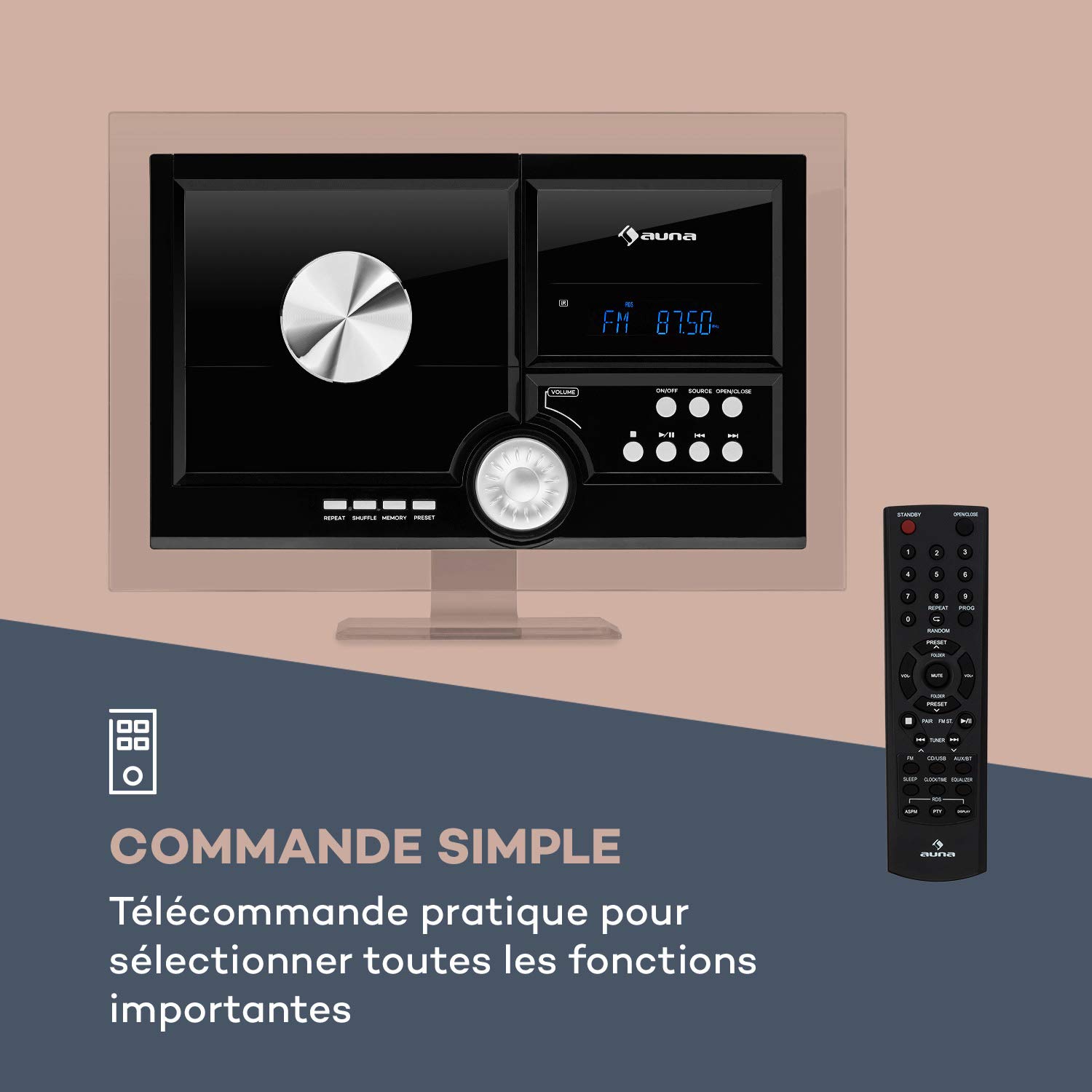 AUNA Stereo Sonic Dab+ - Système stéréo, Montage Mural, Syntoniseur Radio Dab+/UKW, Lecteur CD Automatique, Port USB pour fichiers MP3, Fonction Bluetooth, Entrée AUX, Ecran LCD - Noir